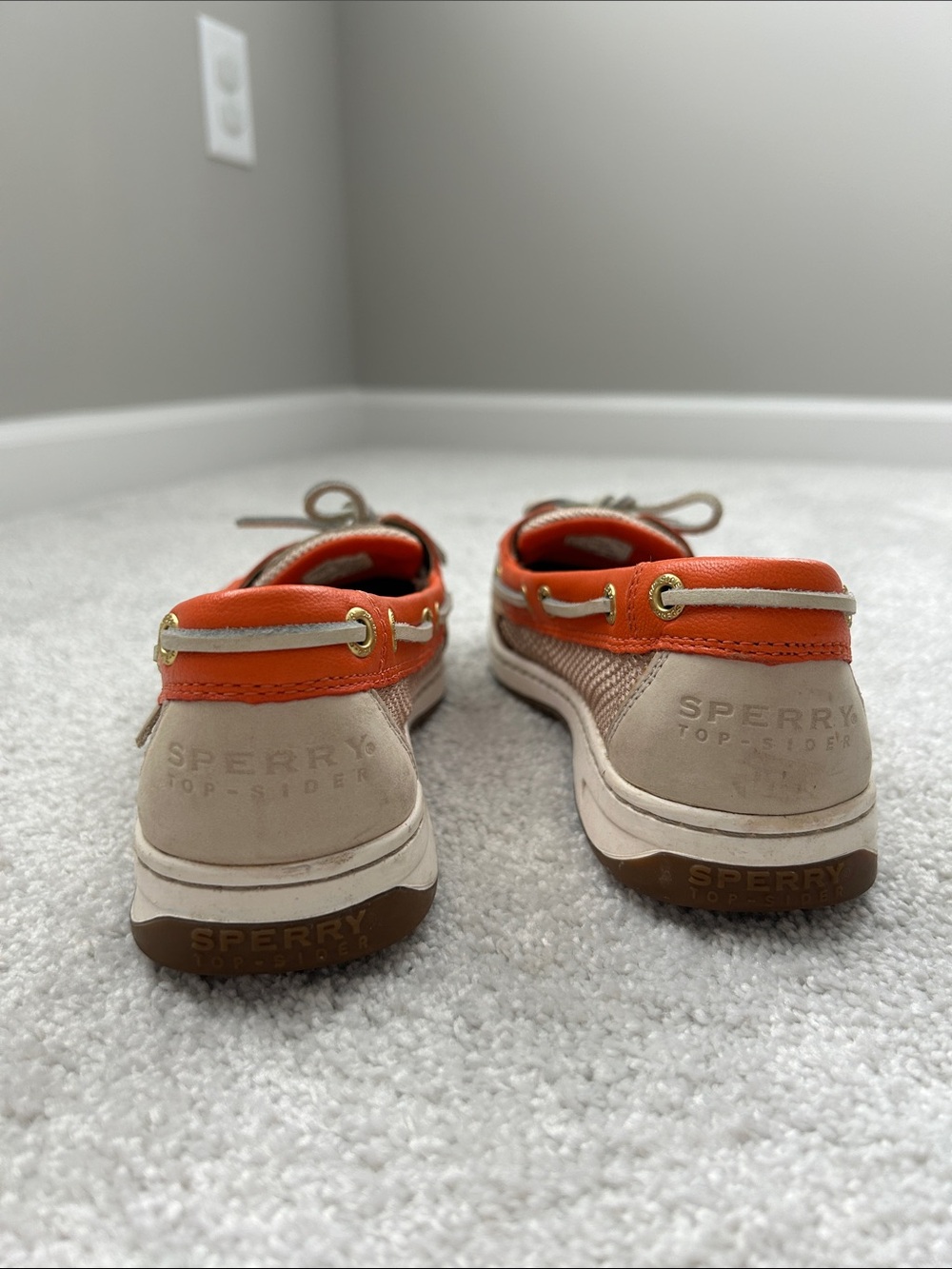 Sperry Women's Tan Leather Angelfish Moccasins w/ Orange Trim - Limited Edition - Picture 4 of 5